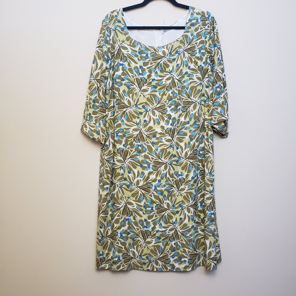 J. Jill Olive Green and Blue Leaf Print Shift Dress